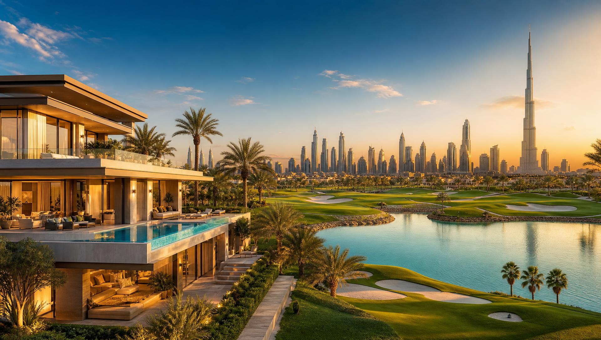Luxury Dubai villa with golf course, turquoise lagoon and the Burj Khalifa skyline in one view