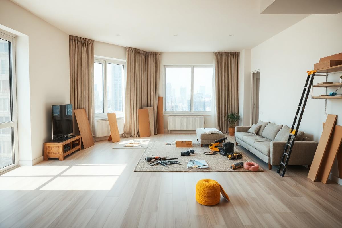 Apartment renovation in progress in a bright Dubai living room